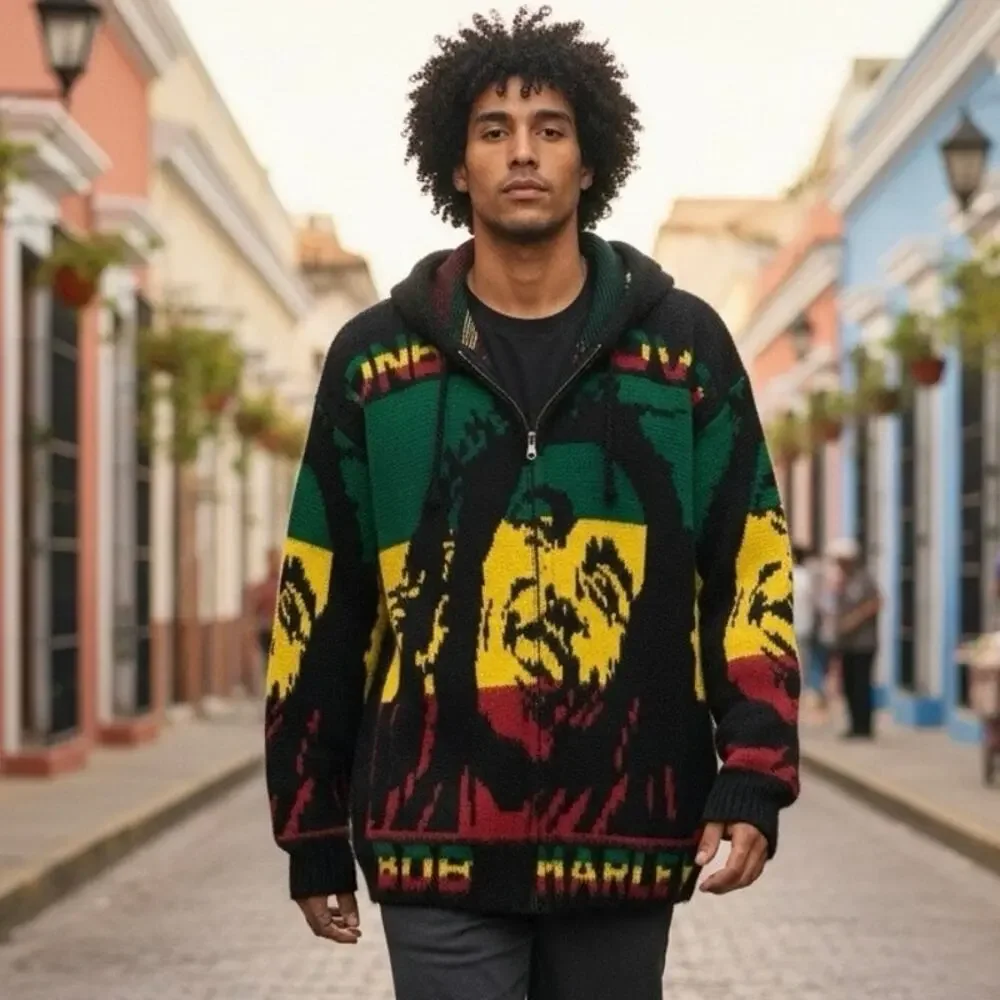 Vintage Bob Marley One Love Rasta Knit Full Zip Hoodie  Men’s Large